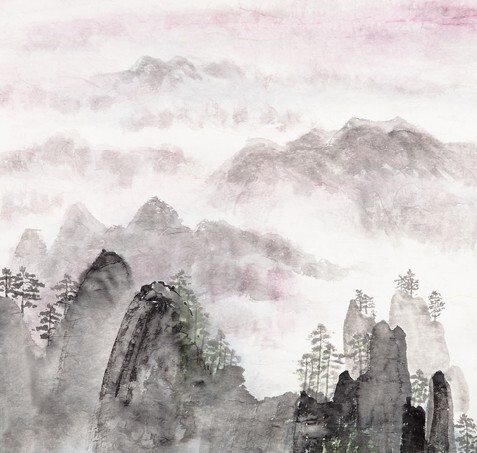 Traditional Chinese painting of high mountain landscape with cloud and mist